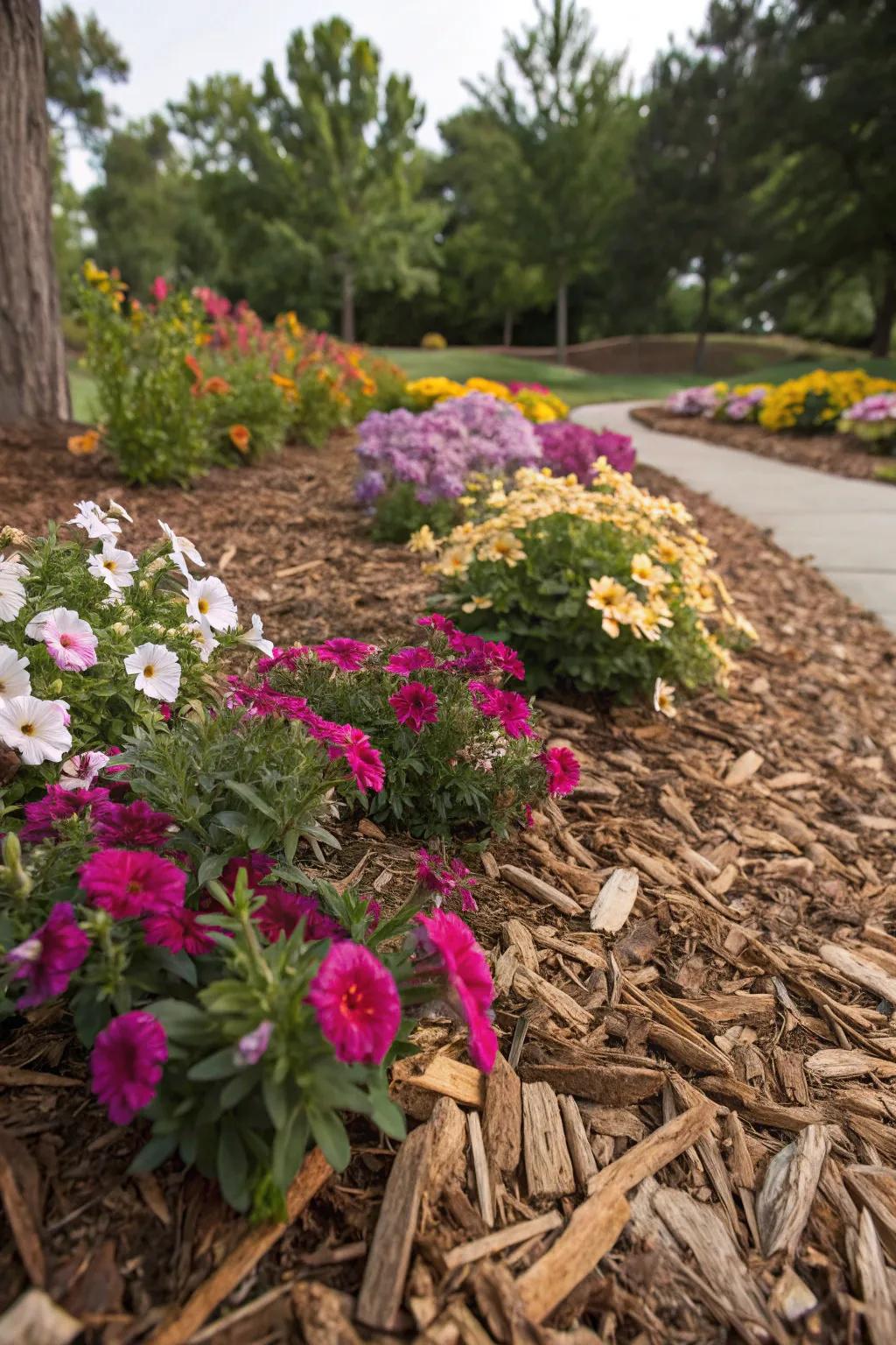 <strong>Wood chips</strong> enrich flowerbeds with texture and aesthetic allure.” loading=”lazy” class=”pimg”>
	</picture><figcaption><strong>Wood chips</strong> enrich flowerbeds with texture and aesthetic allure.</figcaption></figure>
<p>Use <strong>wood chips</strong> to accentuate your garden bed’s plants and blossoms, establishing an eye-catching contrast. I’ve seen this method add a completely different dimension to my garden.</p>
<h3>These products might help:</h3>
<ul class=