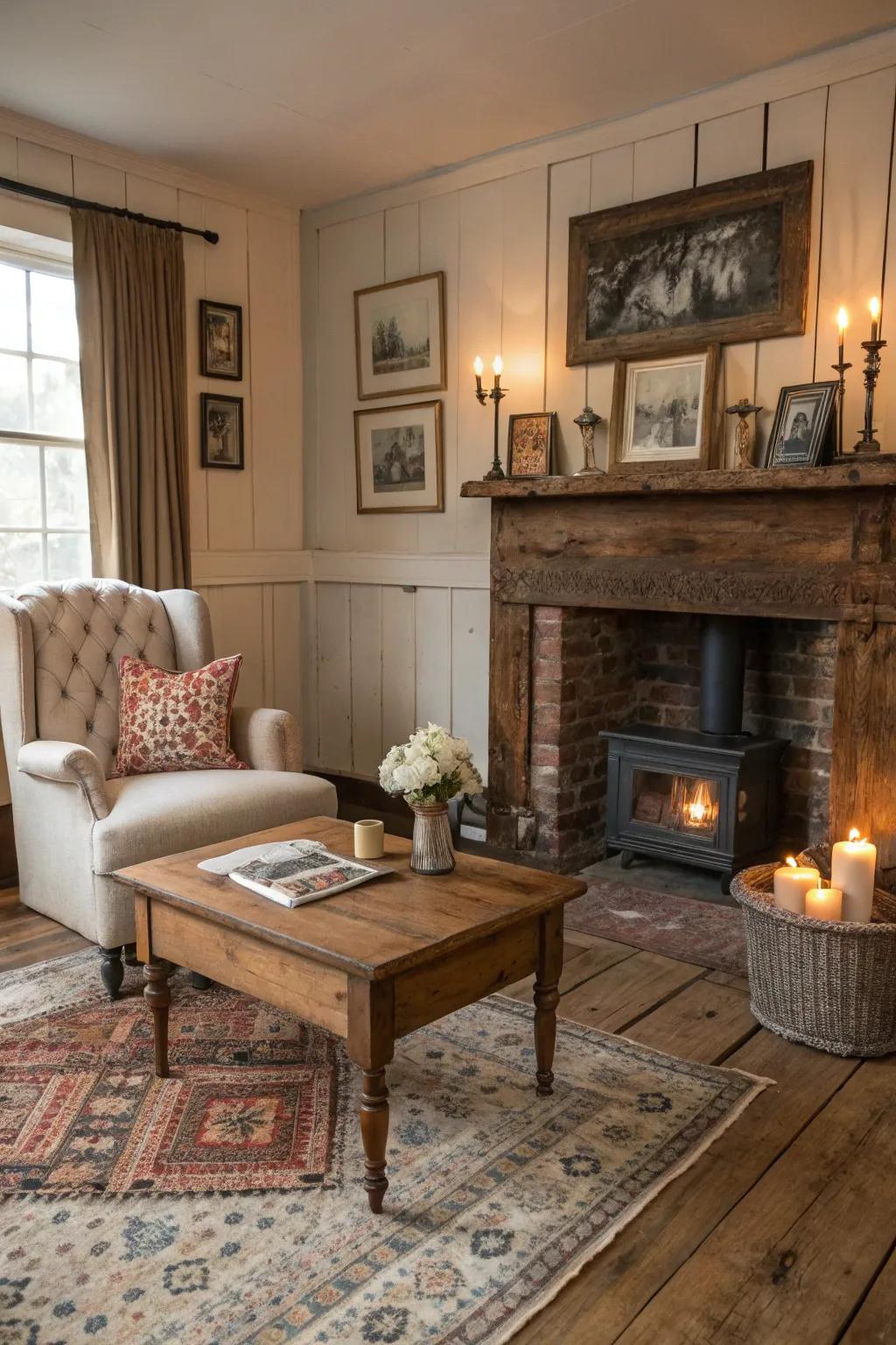 Cozy rustic room with vintage reclaimed wood flooring.