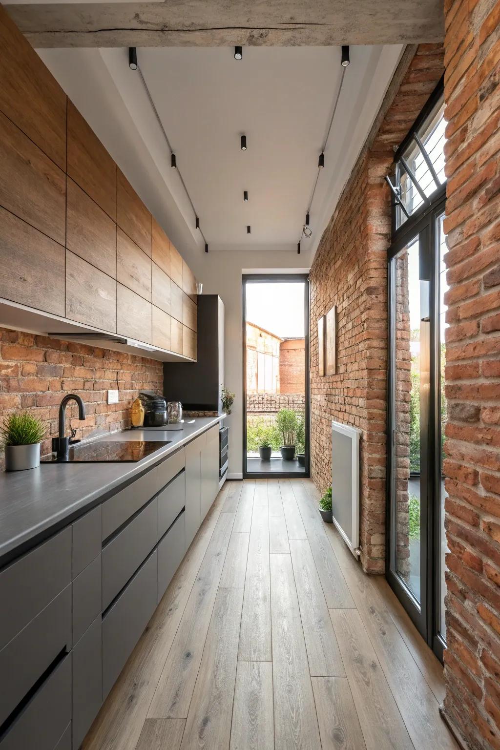 A contemporary kitchen with a flexible brick bond wood floor.