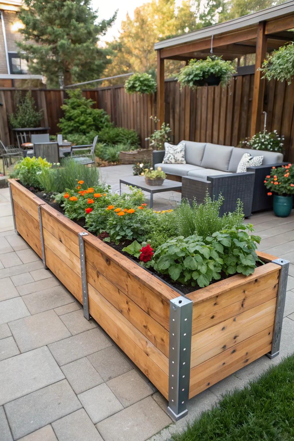 A combination of wood and metal creates a robust and visually appealing garden bed.