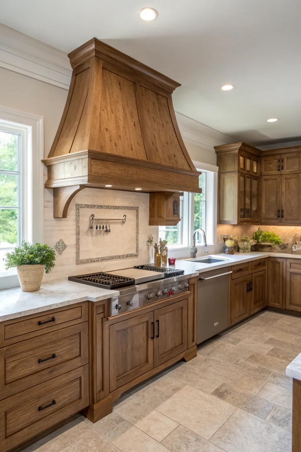 Blend wooden ventilation hoods with cabinets for a seamless design.