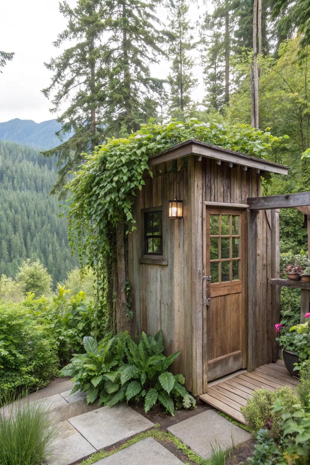 Transform your outdoor space with a wooden shower enclosure.