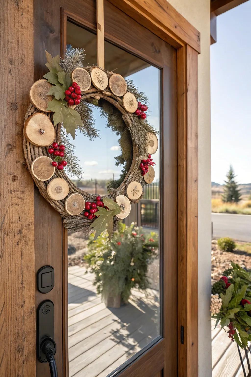 Seasonal decoration switch with wood circle wreaths for year-round freshness.