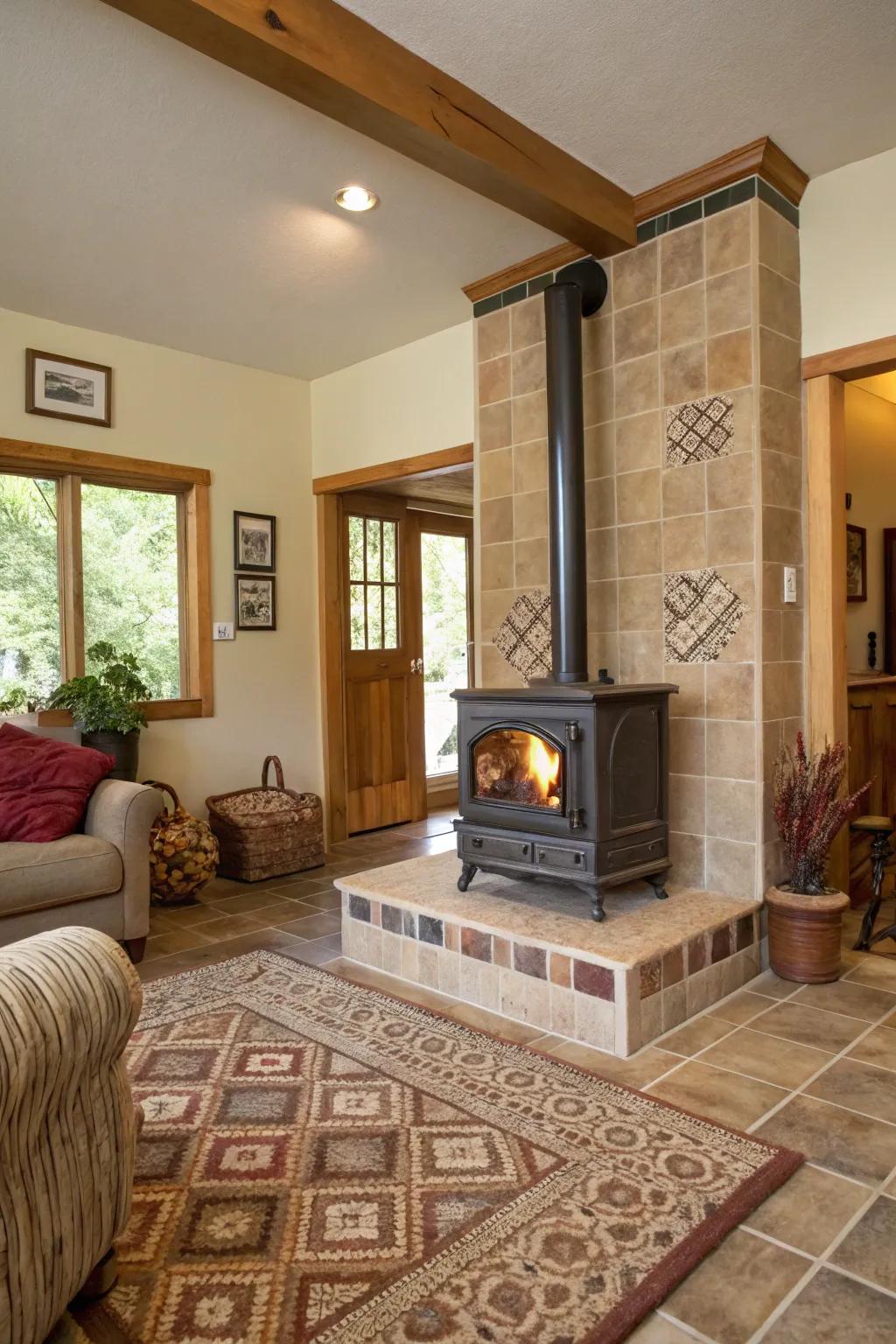 Earthy tiles bring a serene, nature-inspired ambiance to your wood stove area.