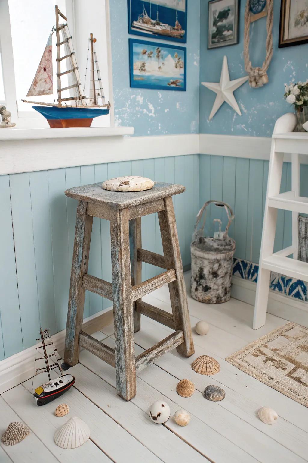 Capture coastal feelings with this distressed hardwood stool.