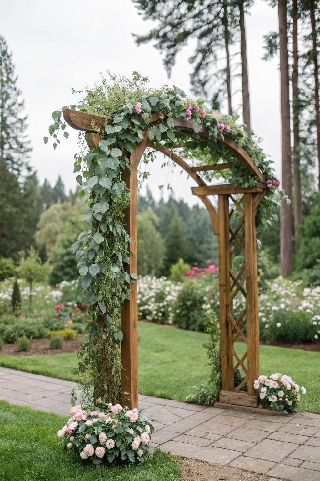Organic greenery turns your arch into a botanical paradise.