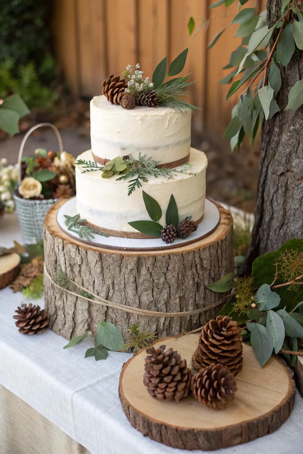 Elevate your dessert table with an earthy cake presentation.