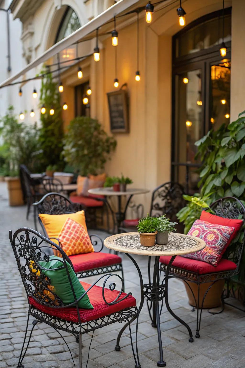 Brighten up your patio with a striking bistro arrangement featuring vibrant pillows.