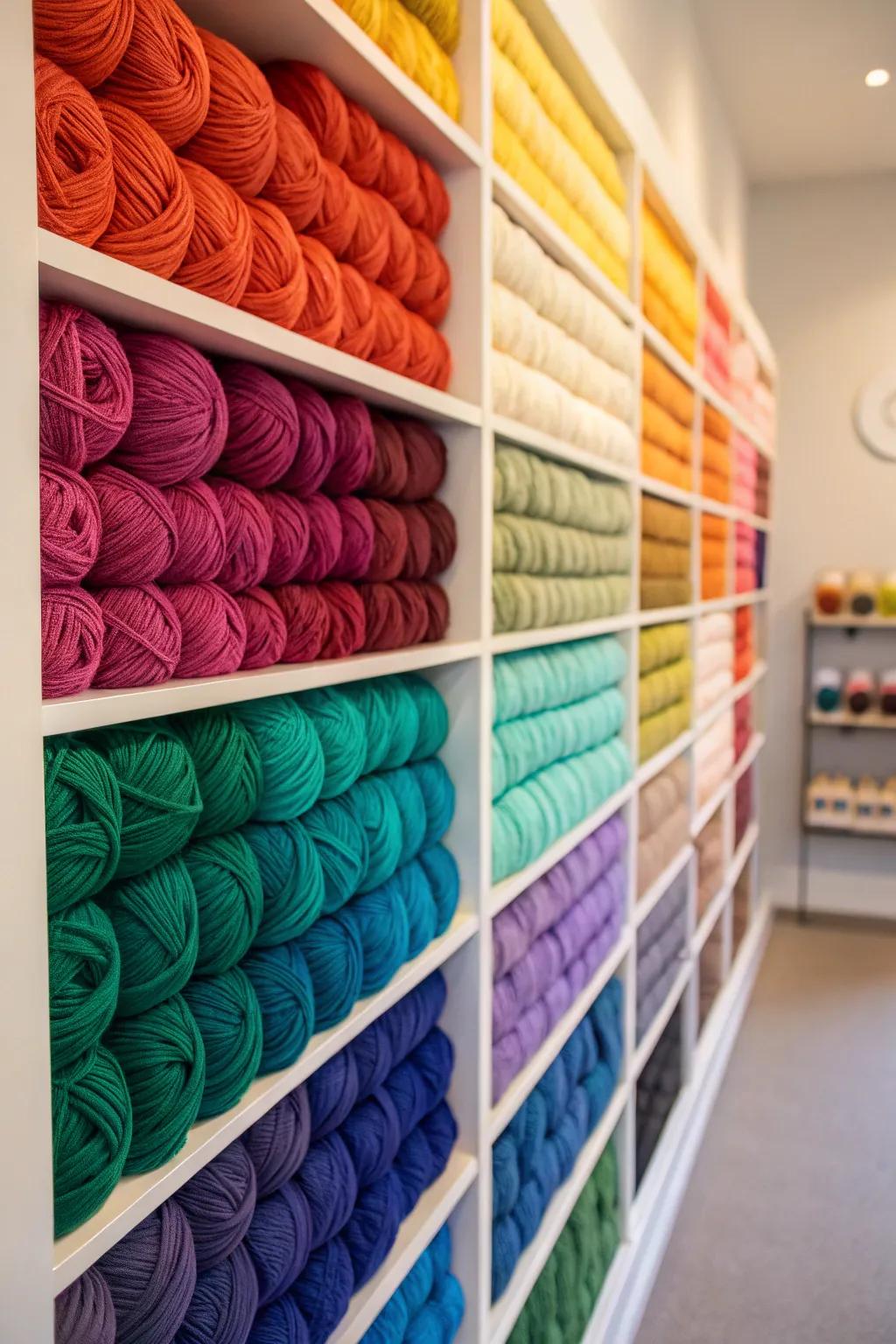 Arranging yarn by shade creates a captivating and functional display.