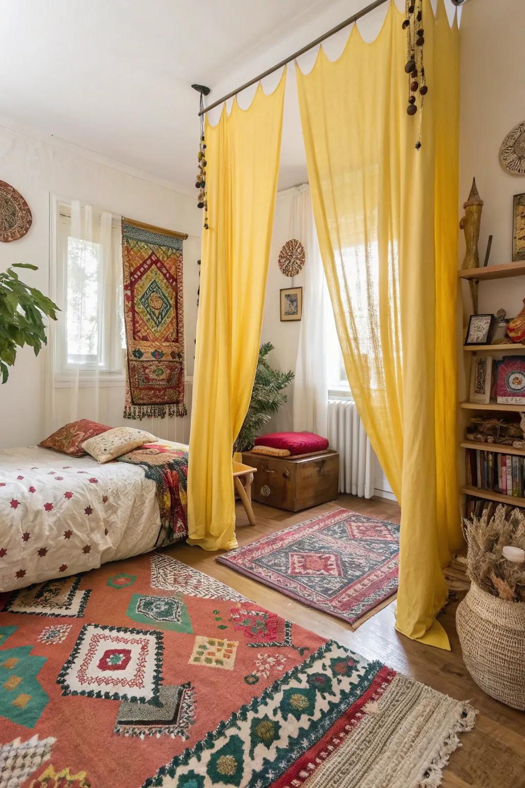 Yellow window coverings complement the bohemian feel with diverse décor elements in the bedroom.