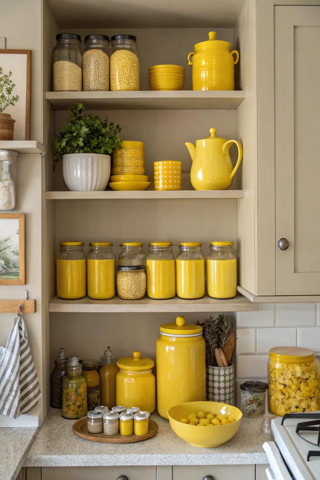Yellow accents on open shelves establish striking focal points.