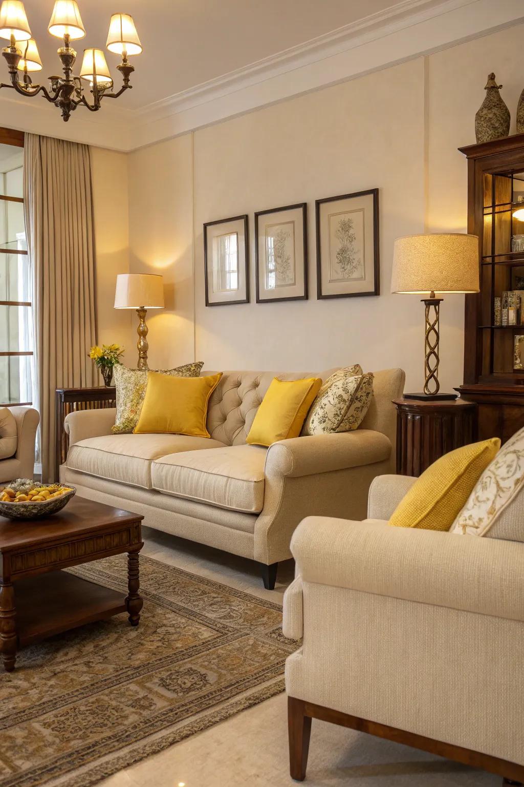 A harmonious living area with yellow accents.