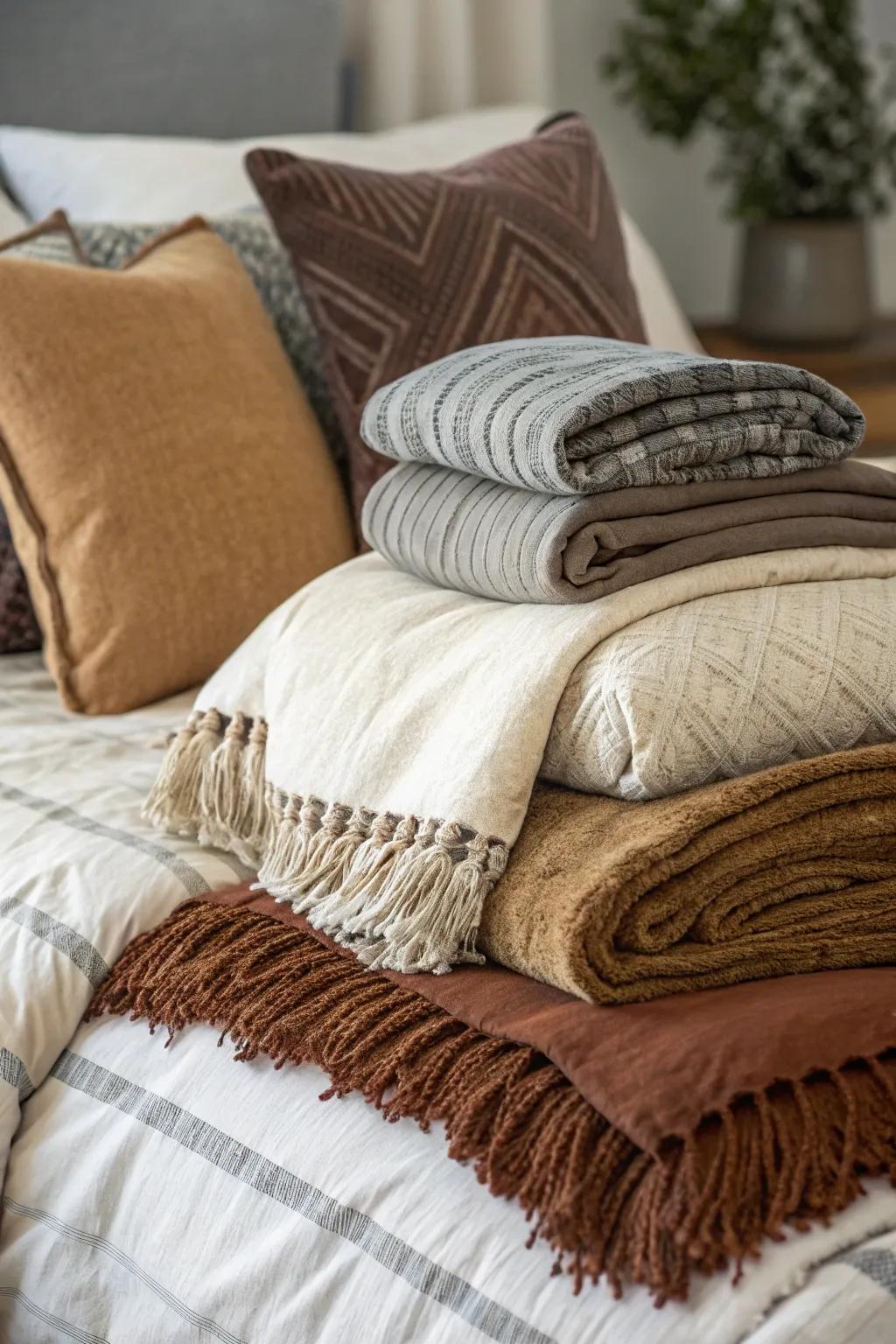 Layered textiles create a cozy and inviting bed.