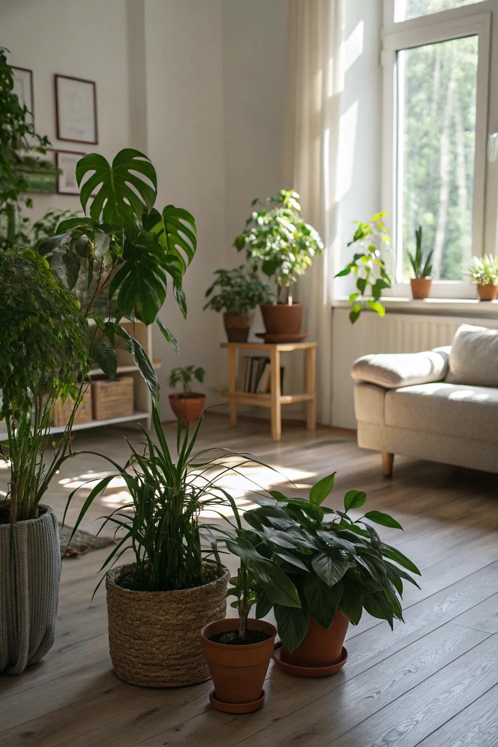 Green plants add vitality and purify the air in a zen space.