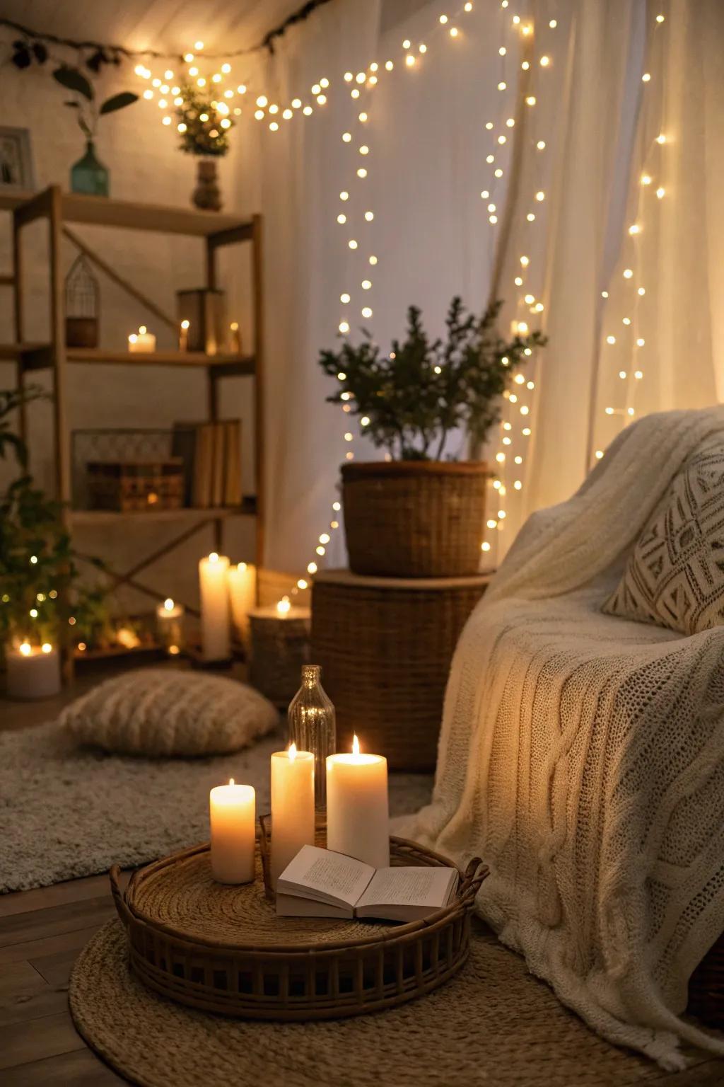 Gentle illumination forms a toasty, inviting mood.