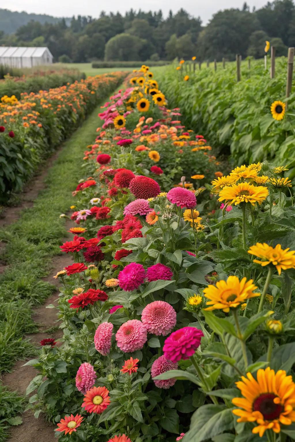 Orderly bands of zinnias, sunflowers, and dahlias in a harvest garden.