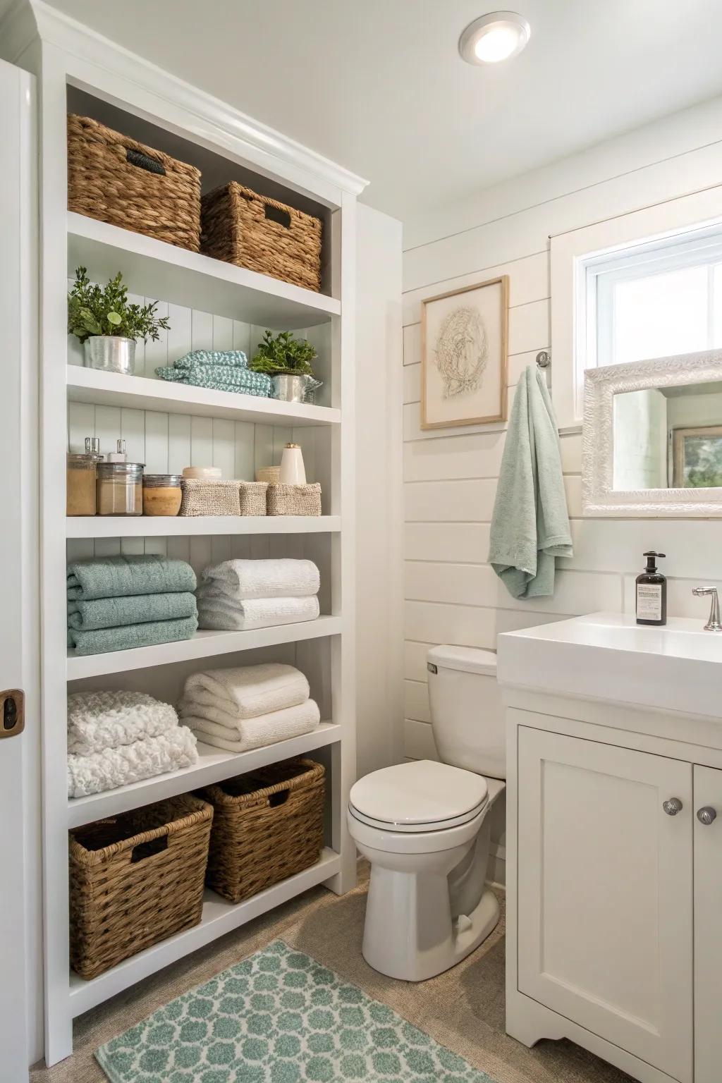 Intelligent storage options maintain order in this powder room.