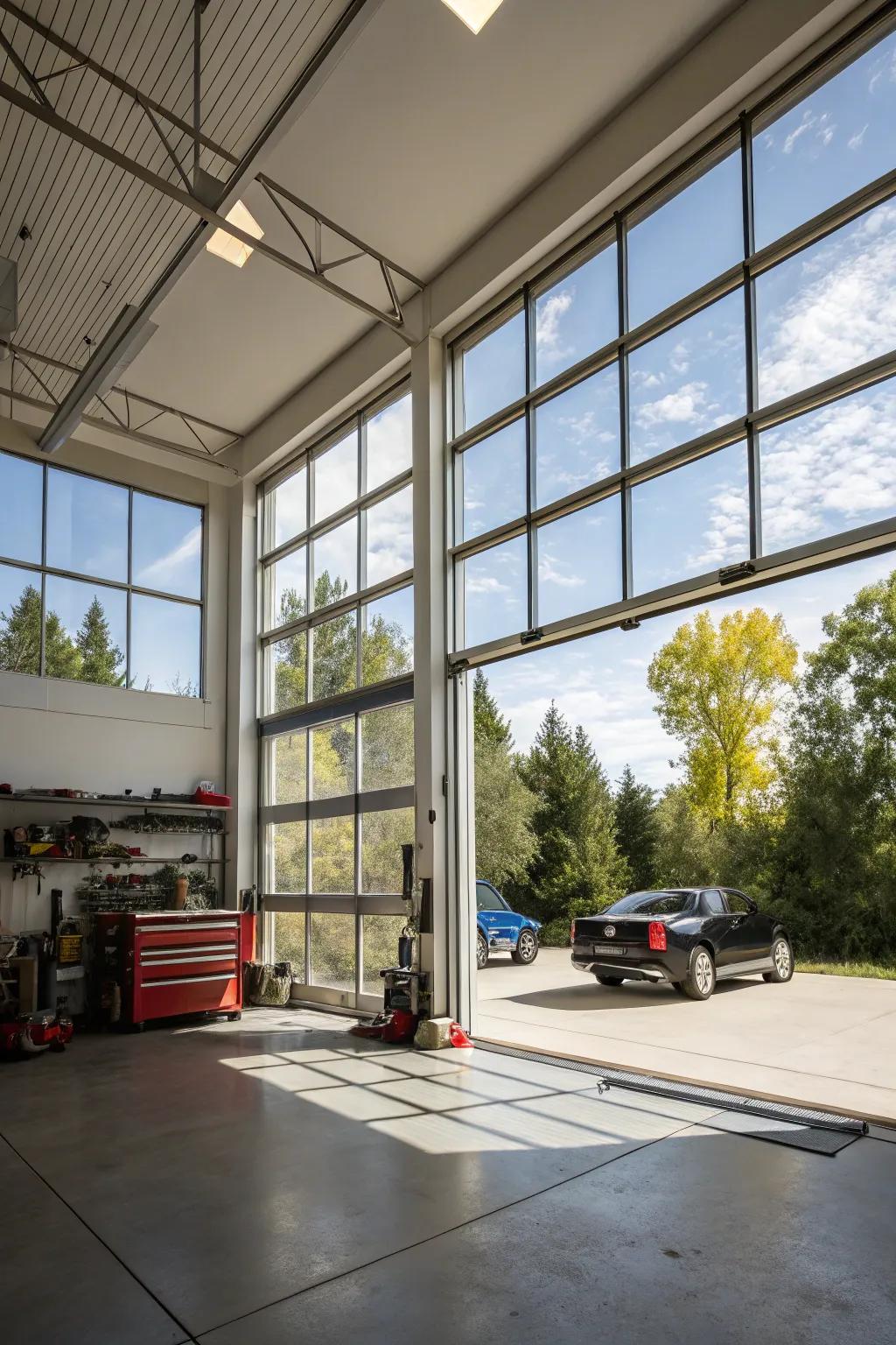 Natural light creates a warm and inviting garage environment.