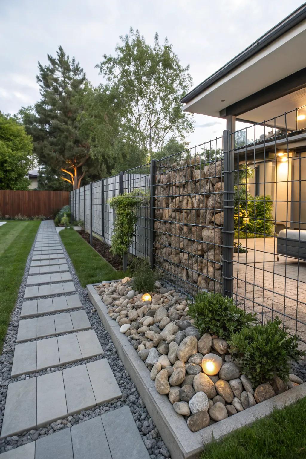 Gabion walls provide a robust and modern fencing solution.