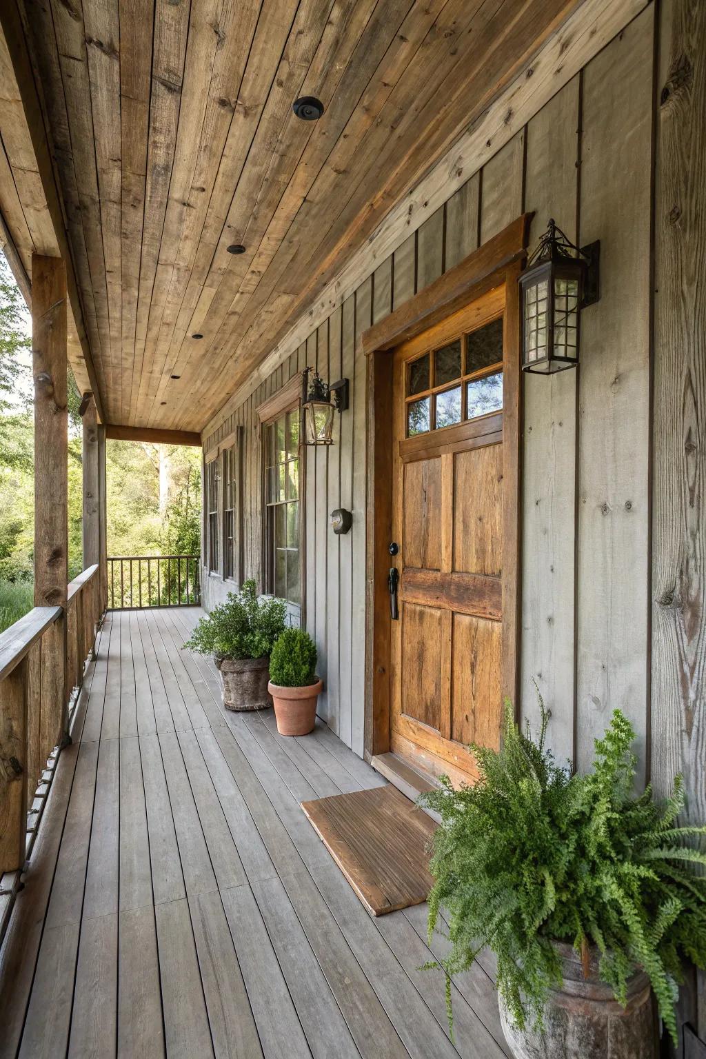 Warm wood paneling for a rustic porch vibe.