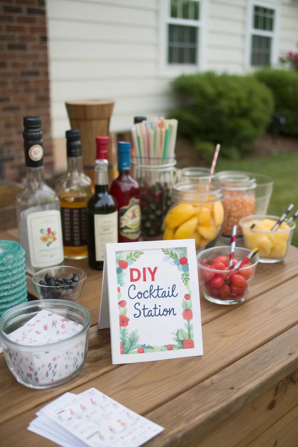 Have fun mixing drinks with a DIY cocktail station at your party.