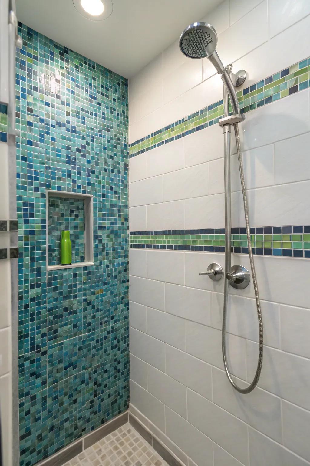 Small decorative tilework adds feeling and design to a small shower.
