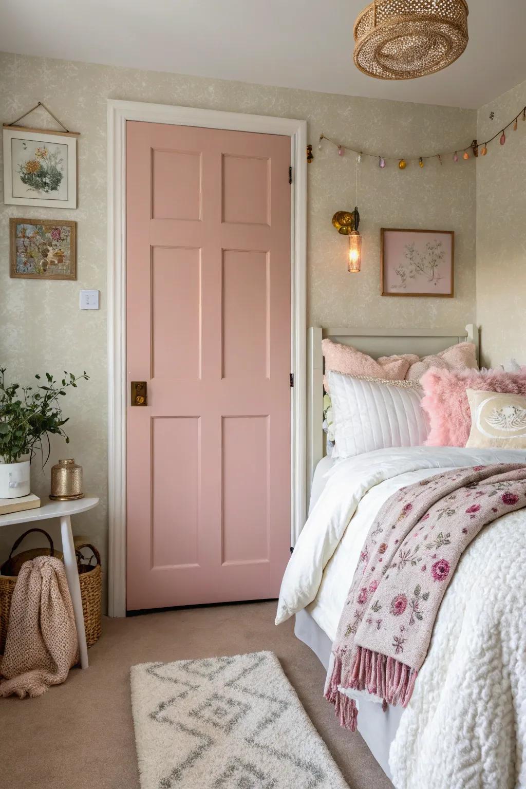 A roseate 6-panel door adds a whimsical element to this charming room.