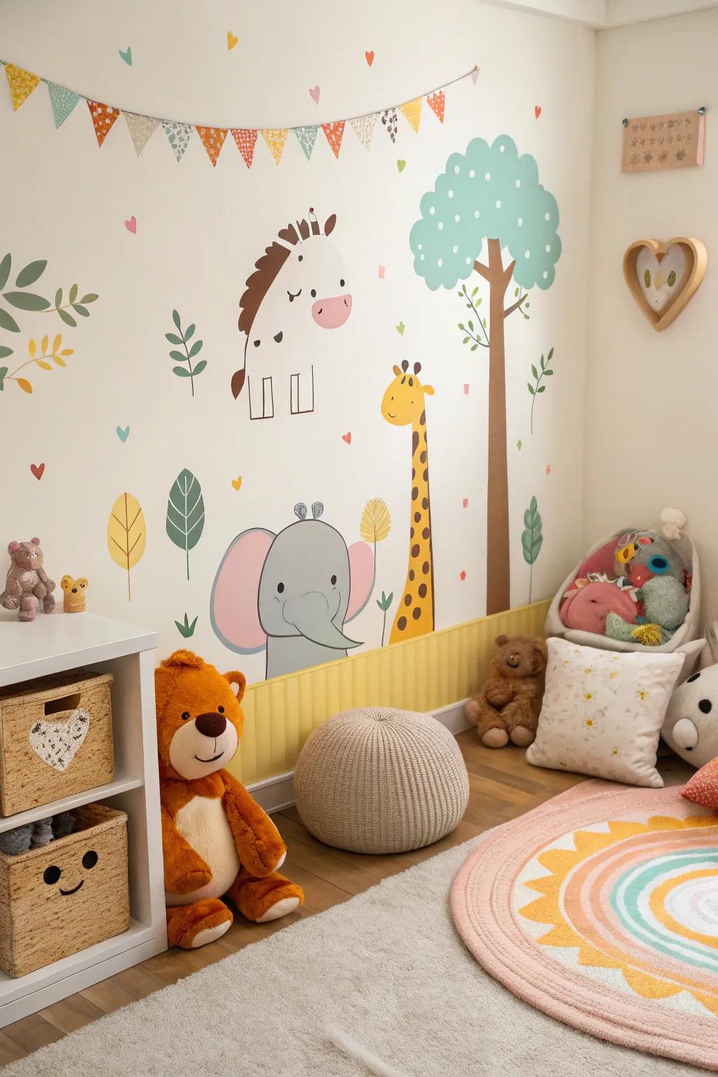 An endearing bedroom showcasing playful animal-centric ornamental components.