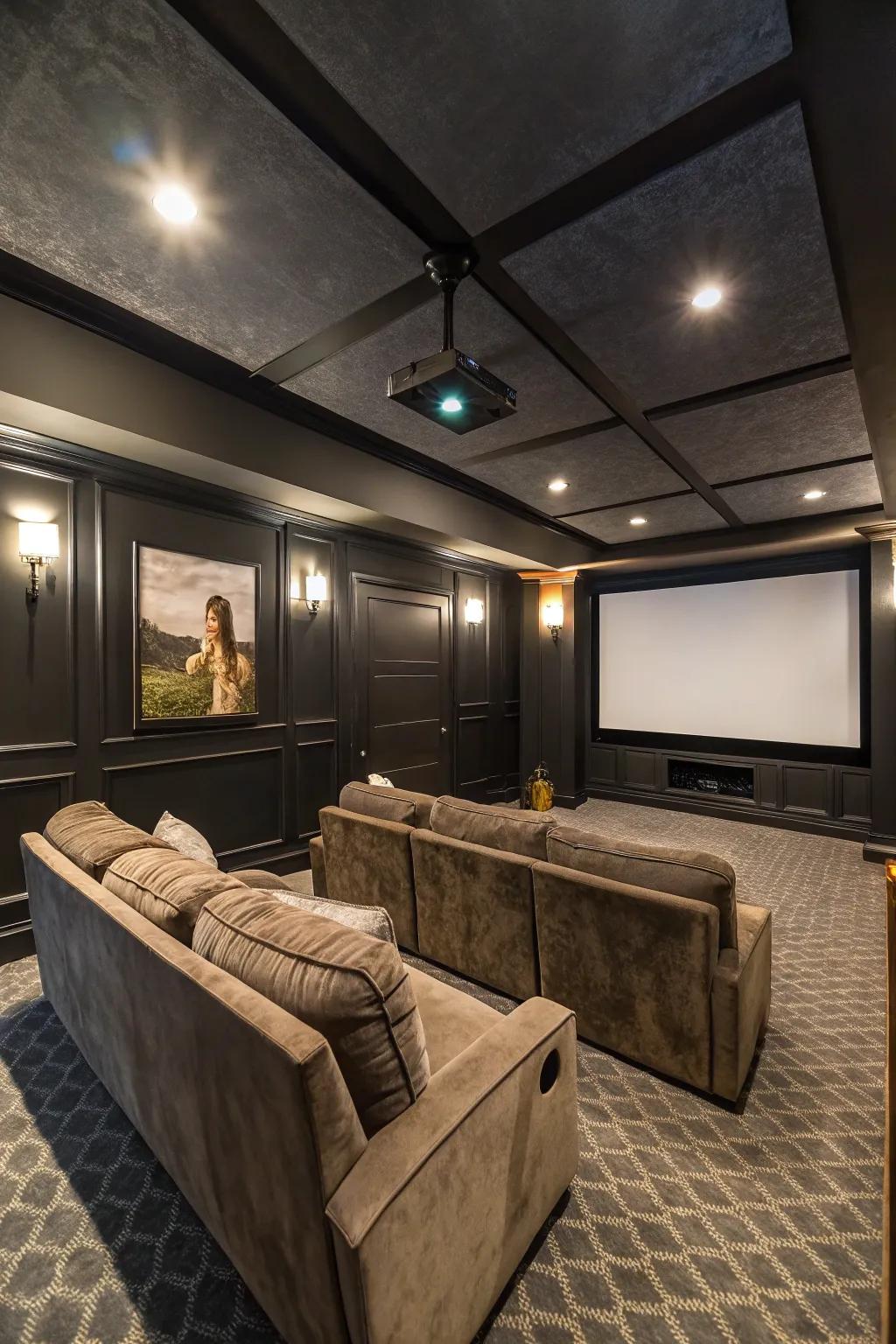 Low ceilings are great for designing a cozy home cinema.