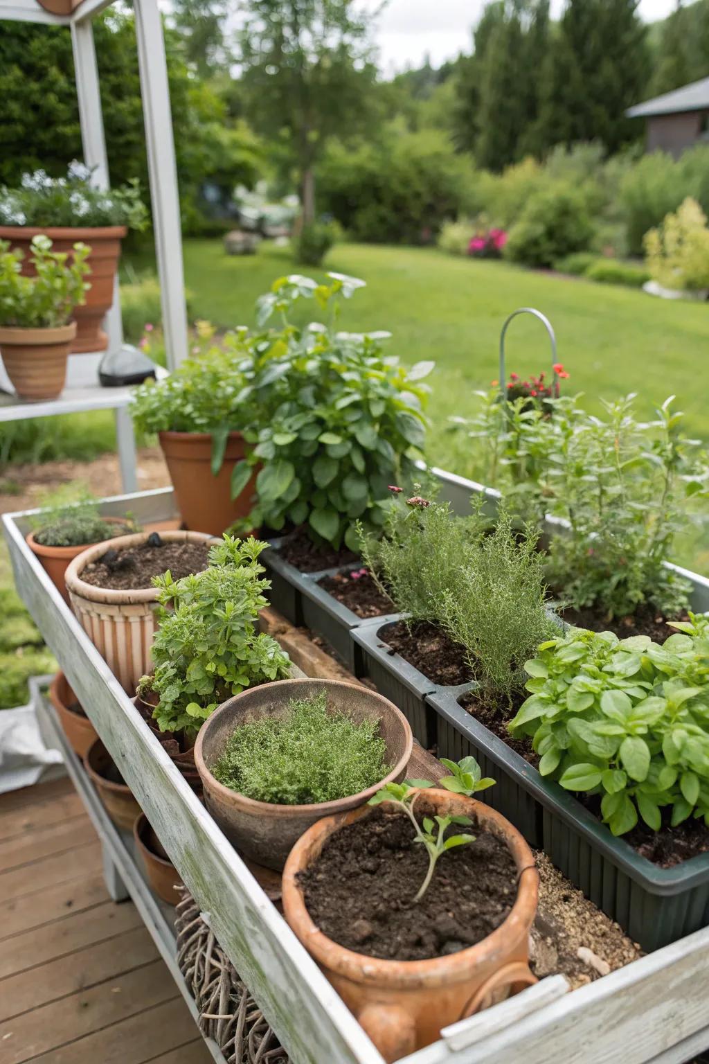 Guests happily planting herbs at a garden party station.
