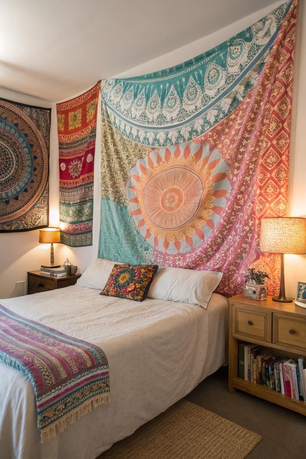 Layered tapestries add color and warmth above the bed.