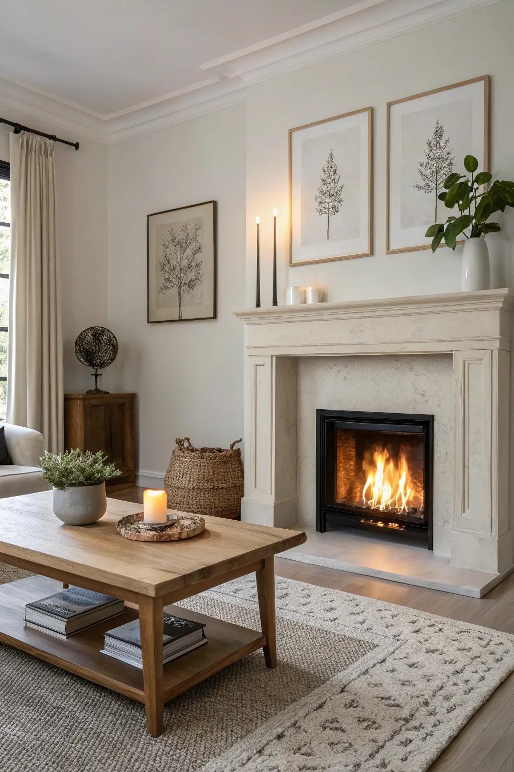 Minimalistic décor establishes a streamlined and modern look above the fireplace.