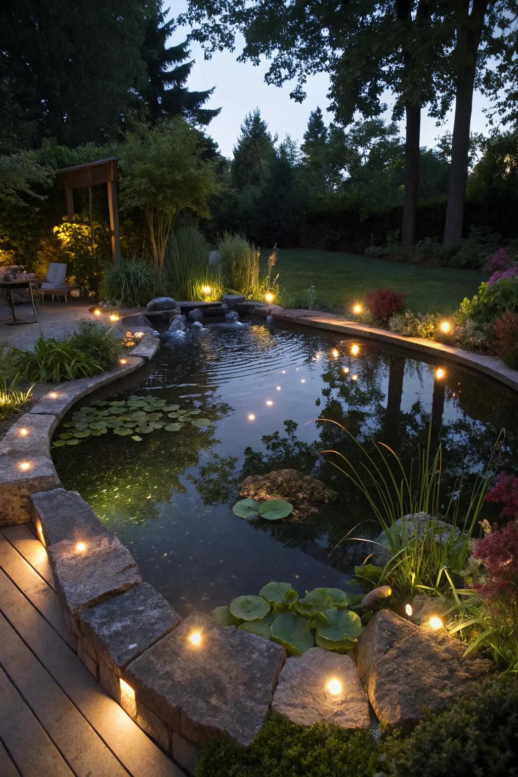 Captivating lights bring this above-ground pond alive during the night.