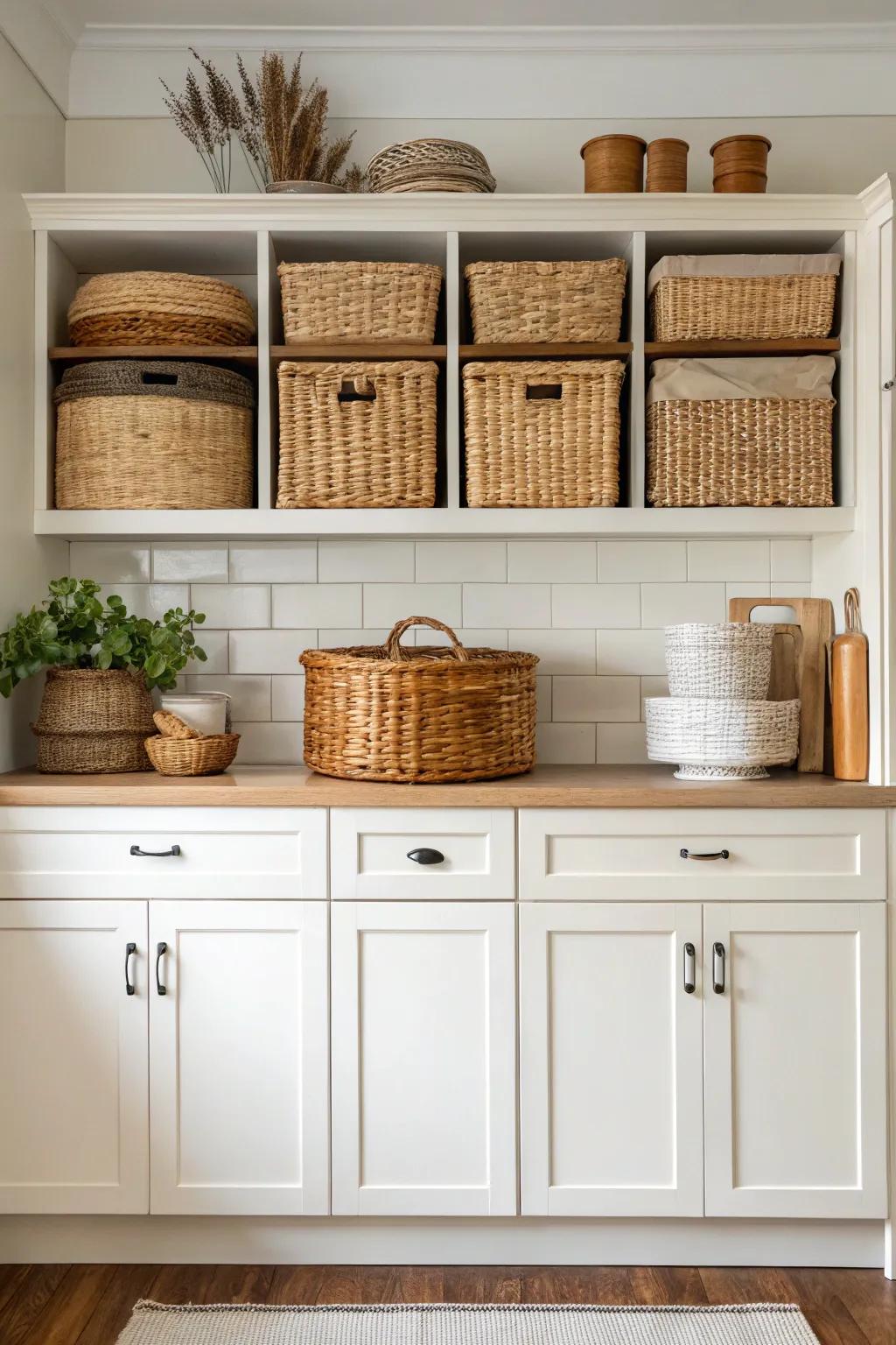 Stylish baskets provide discreet storage and enrich texture to your aesthetic.