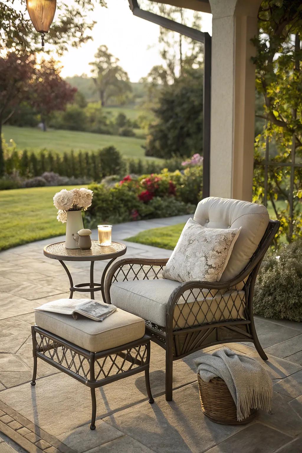 An indoor-style armchair produces a comfortable outdoor patio getaway.