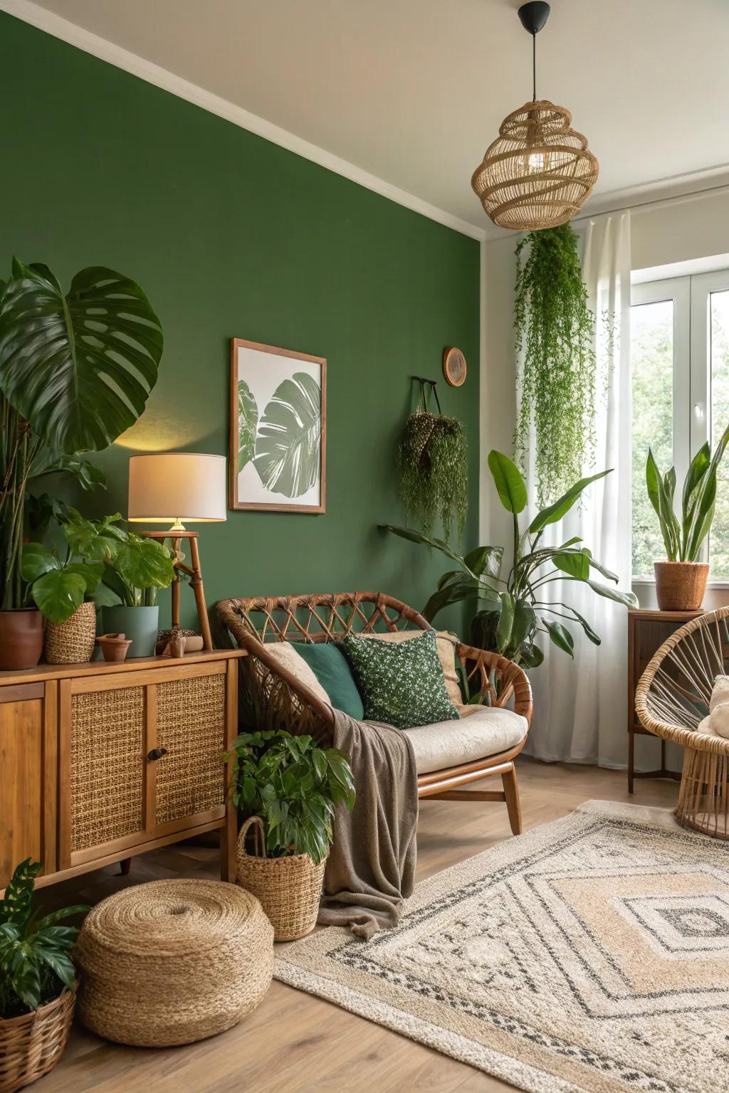 A refreshing lounge featuring a nature-inspired green feature wall.