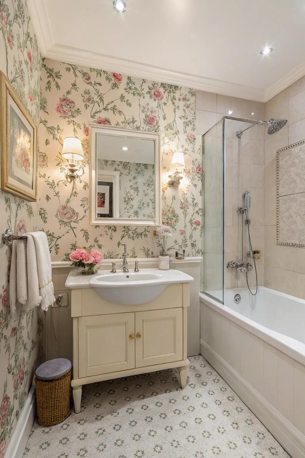 Classic wallpaper incorporates allure and individuality to any bathroom.