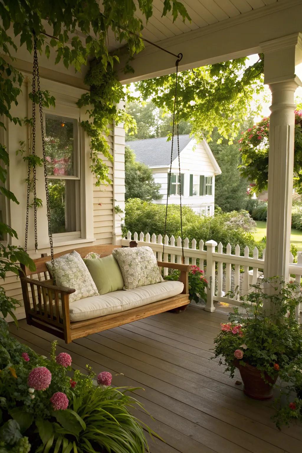 An attractive porch swing perfect for relaxation.