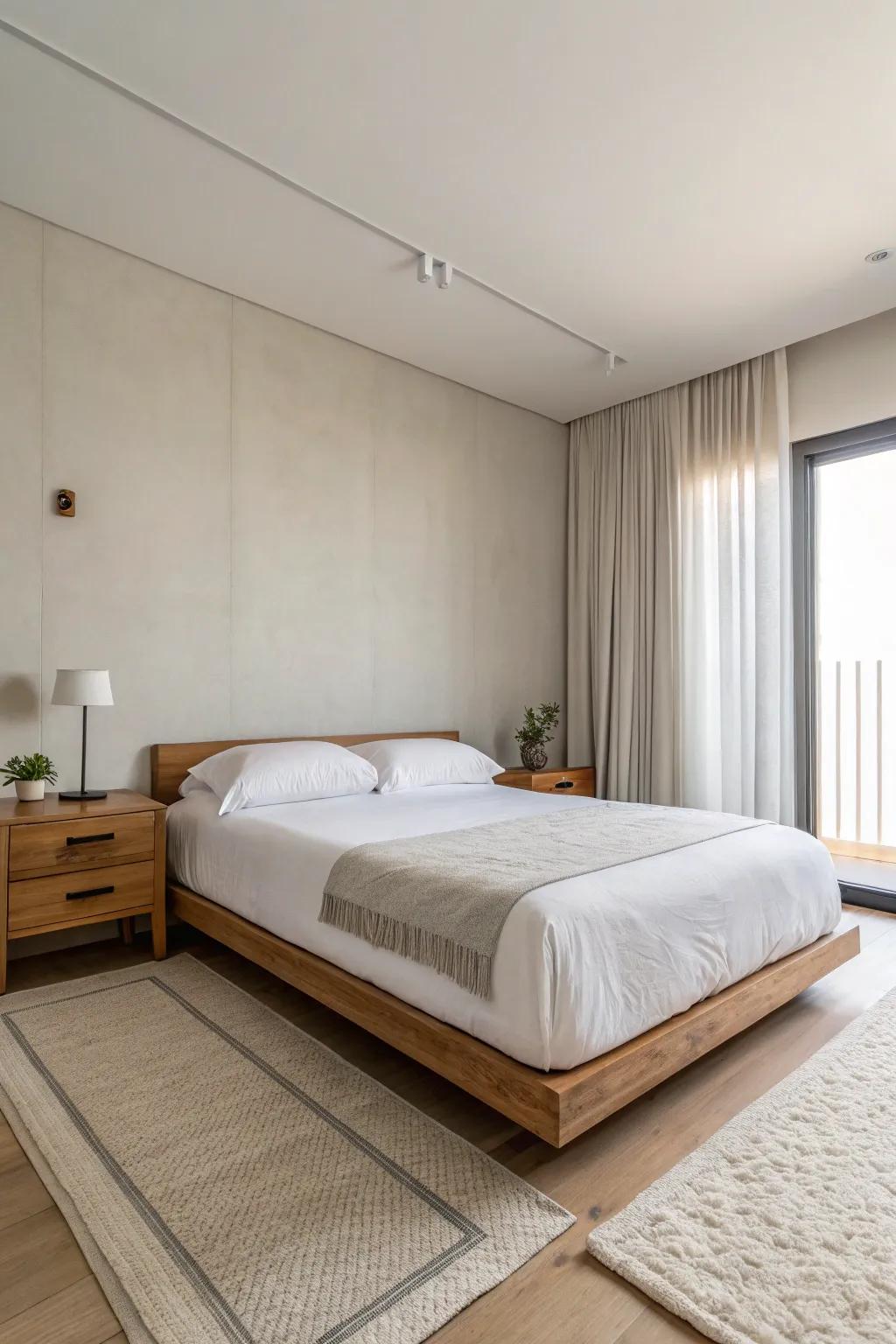 A serene, uncluttered space is achieved through minimalist decor.
