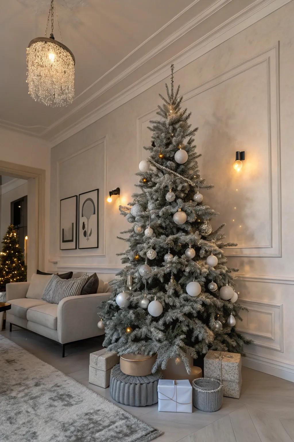 A sophisticated and contemporary minimalist Christmas tree featuring monochromatic embellishments.