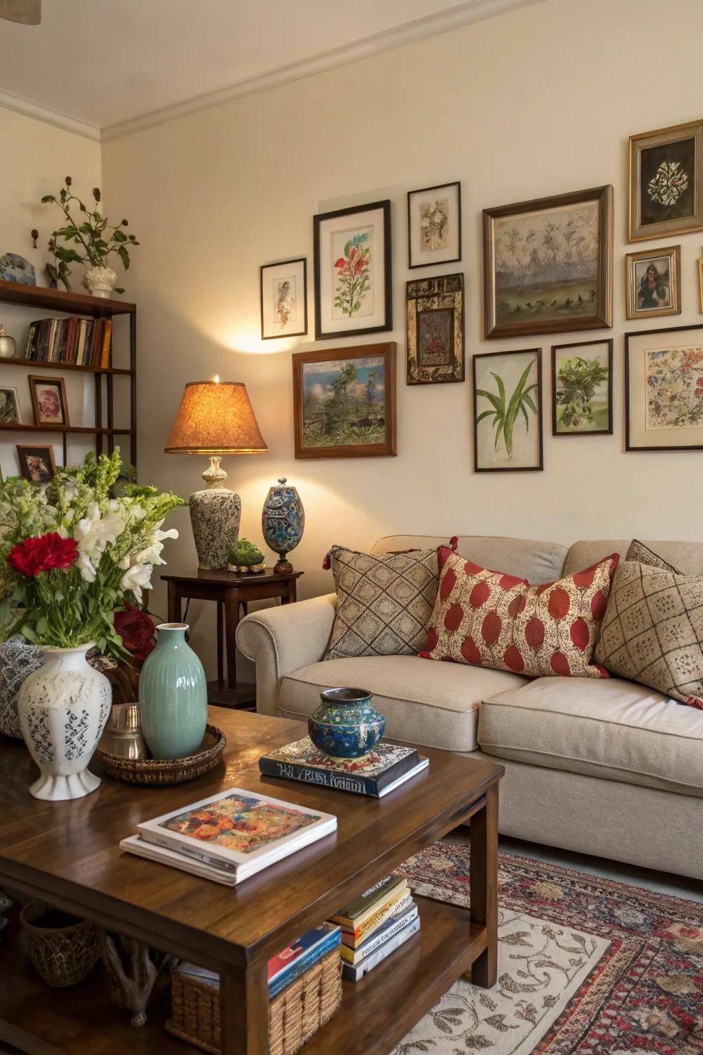 A personalized living area featuring hand-picked art and decorations.