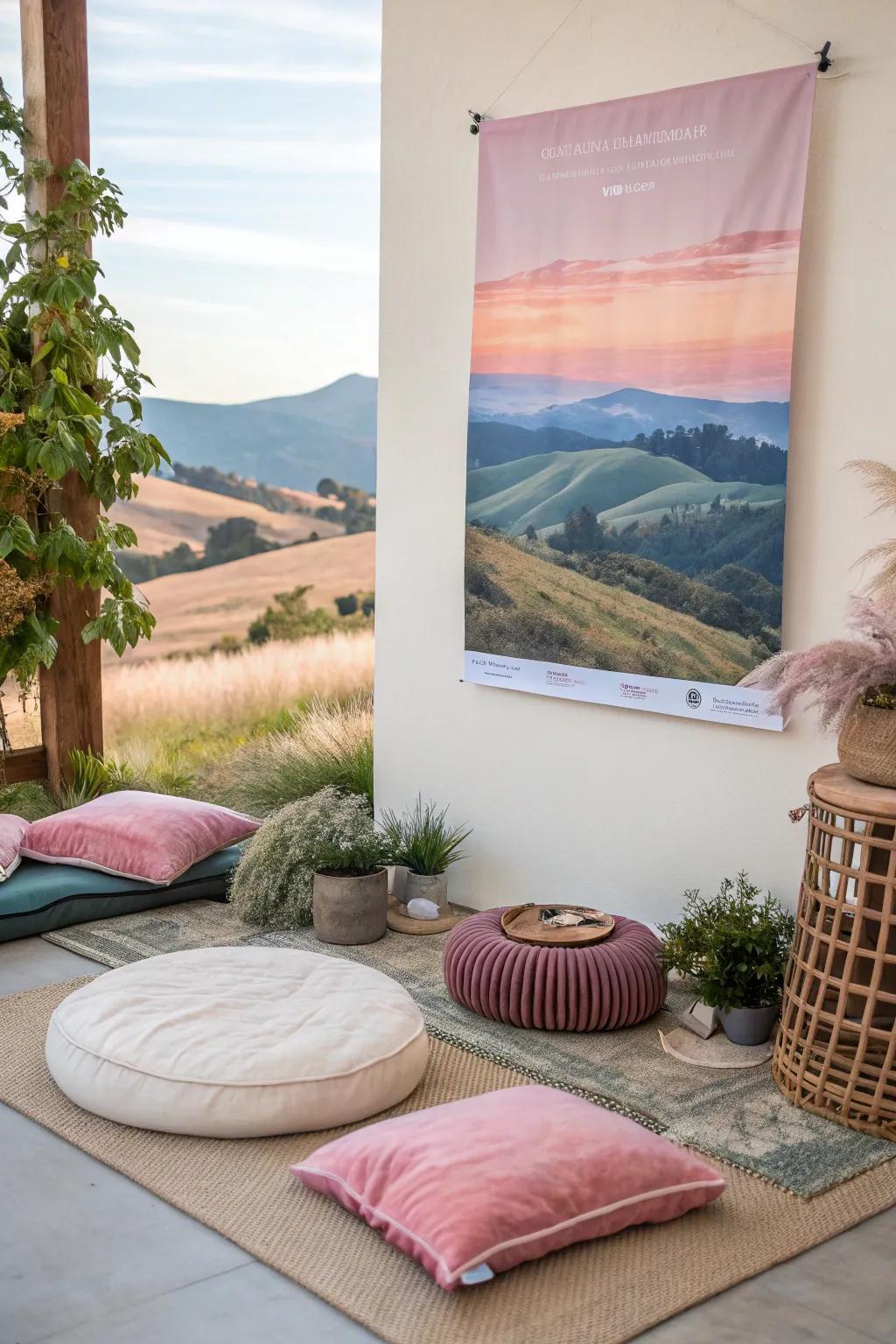 Mindfulness-themed prints foster a tranquil atmosphere.