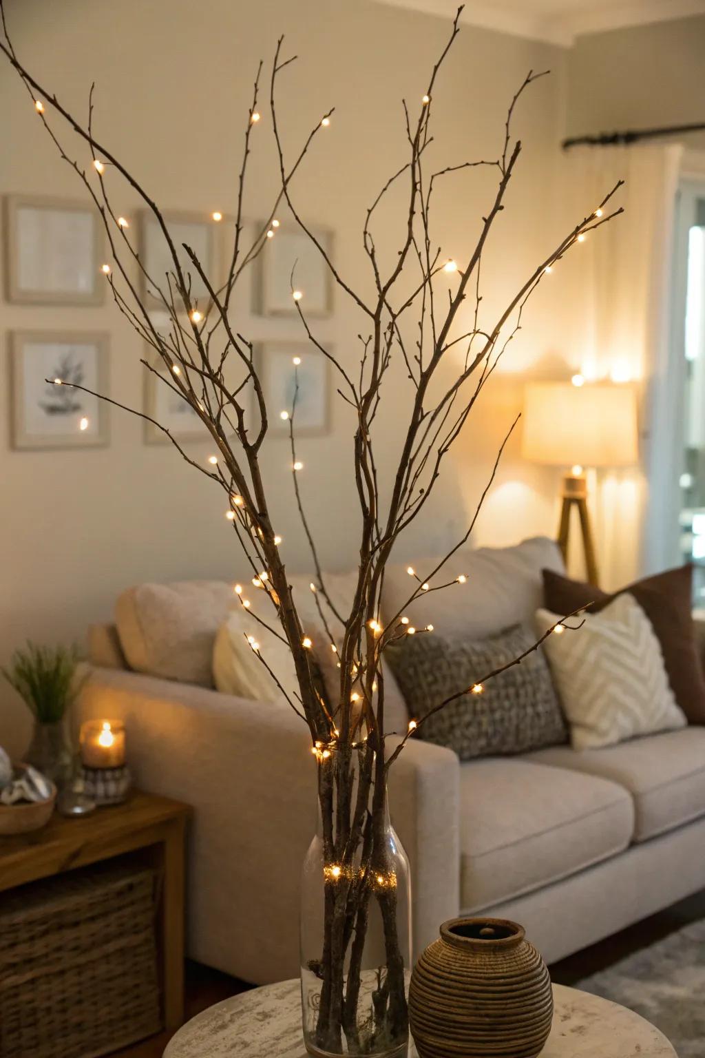 Exposed branches with twinkle lights for a serene visual