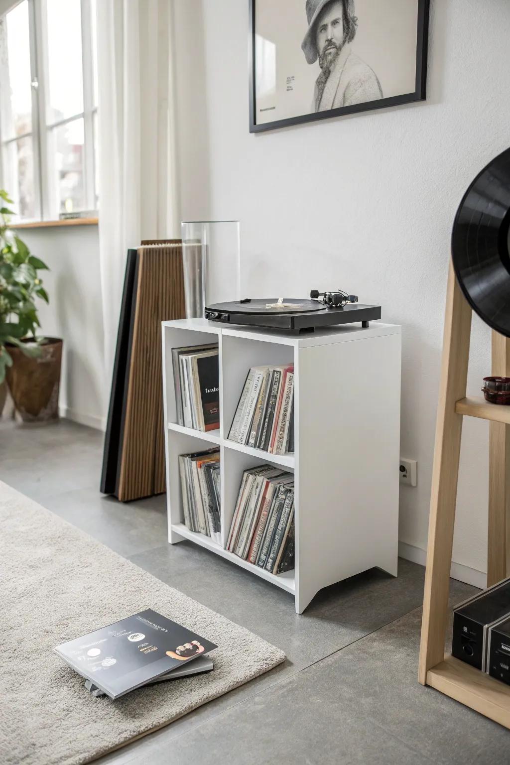 A vinyl record stand blending practicality and sophistication.