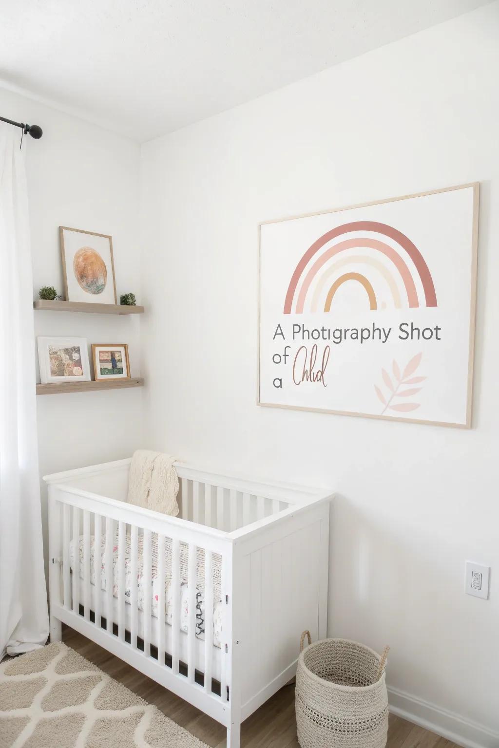Uncluttered wall art adds personalized charm to a white nursery.