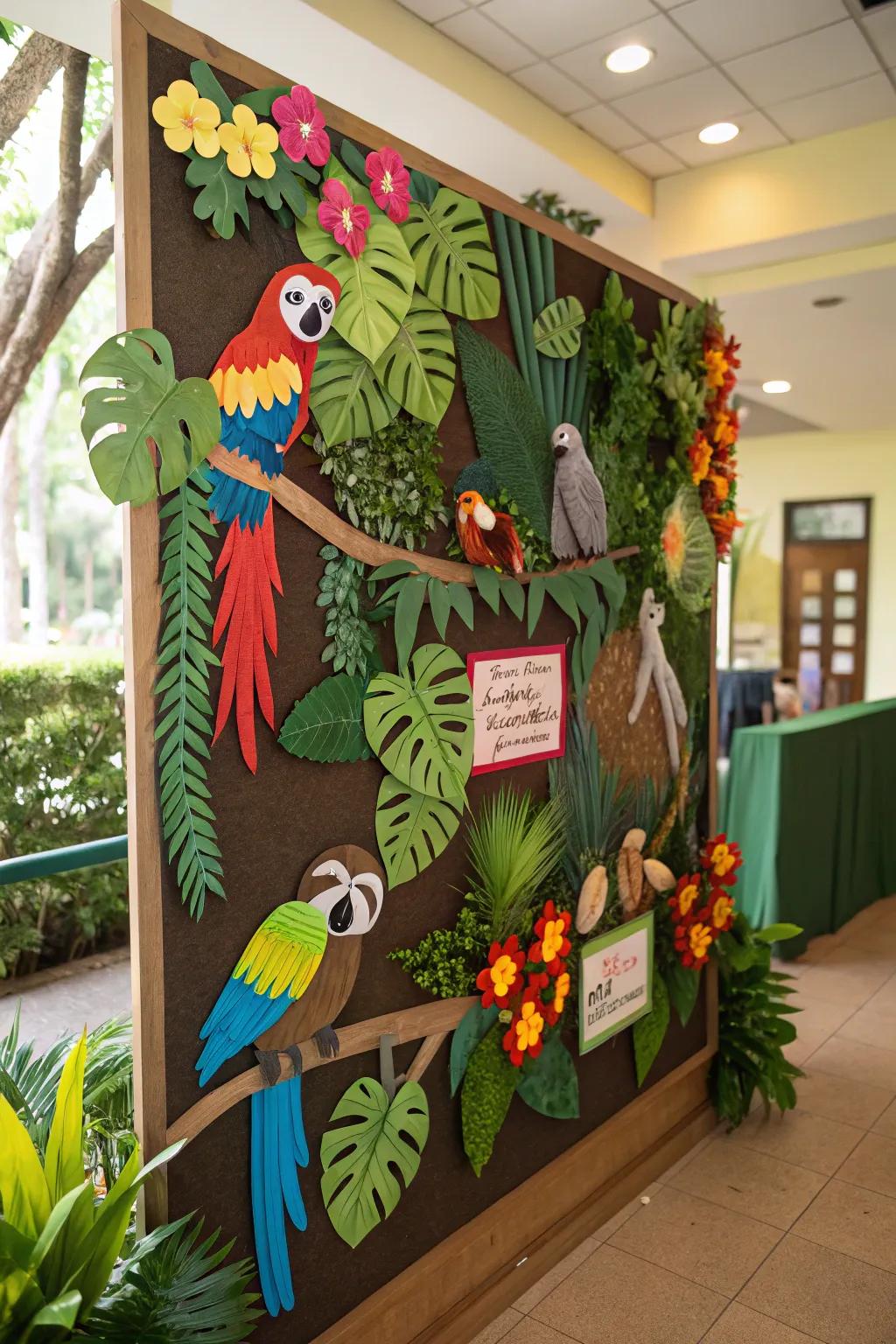 A vibrant rainforest scene featuring exotic birds and sloths.