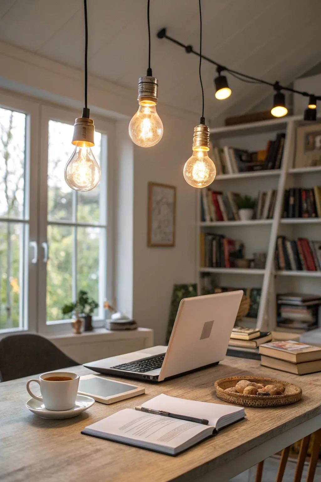 A home office showcasing smart bulbs for modifiable lighting.
