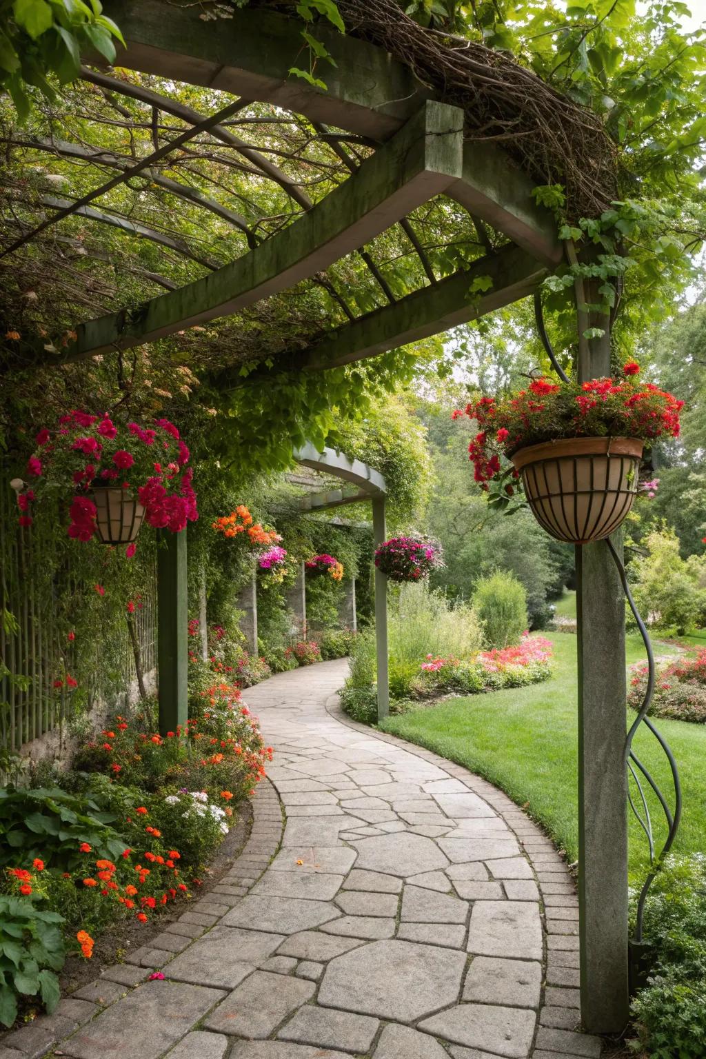 Hanging planters on an arbor add lush layers to the garden.