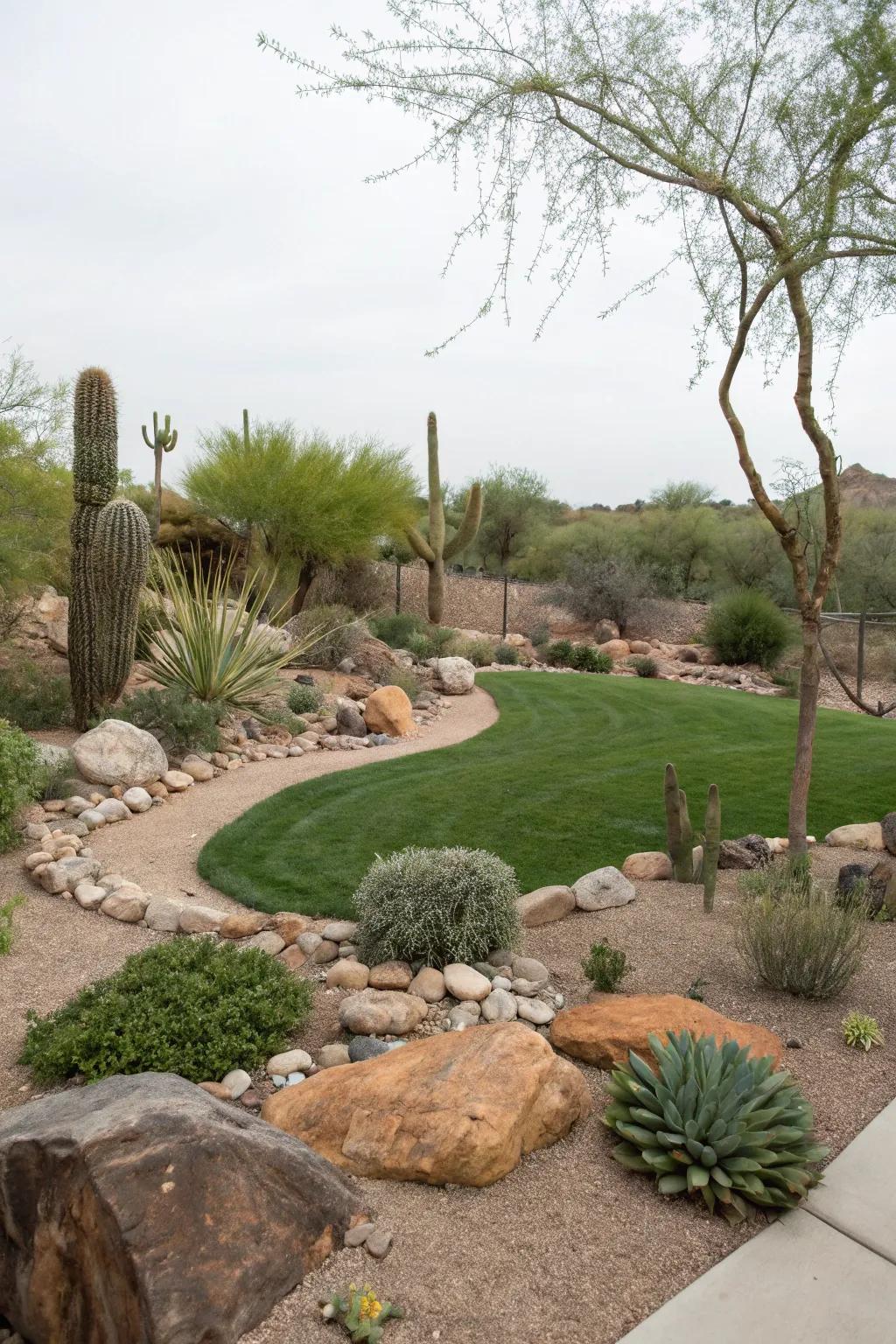 Minimalist lawn area offering a lush contrast in a desert landscape.