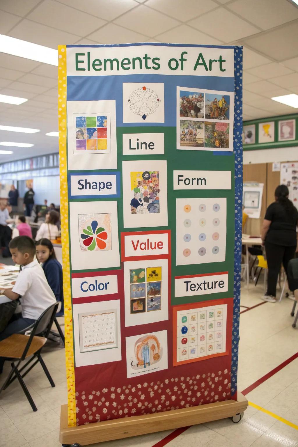 An educational bulletin board displaying the Elements of Art.